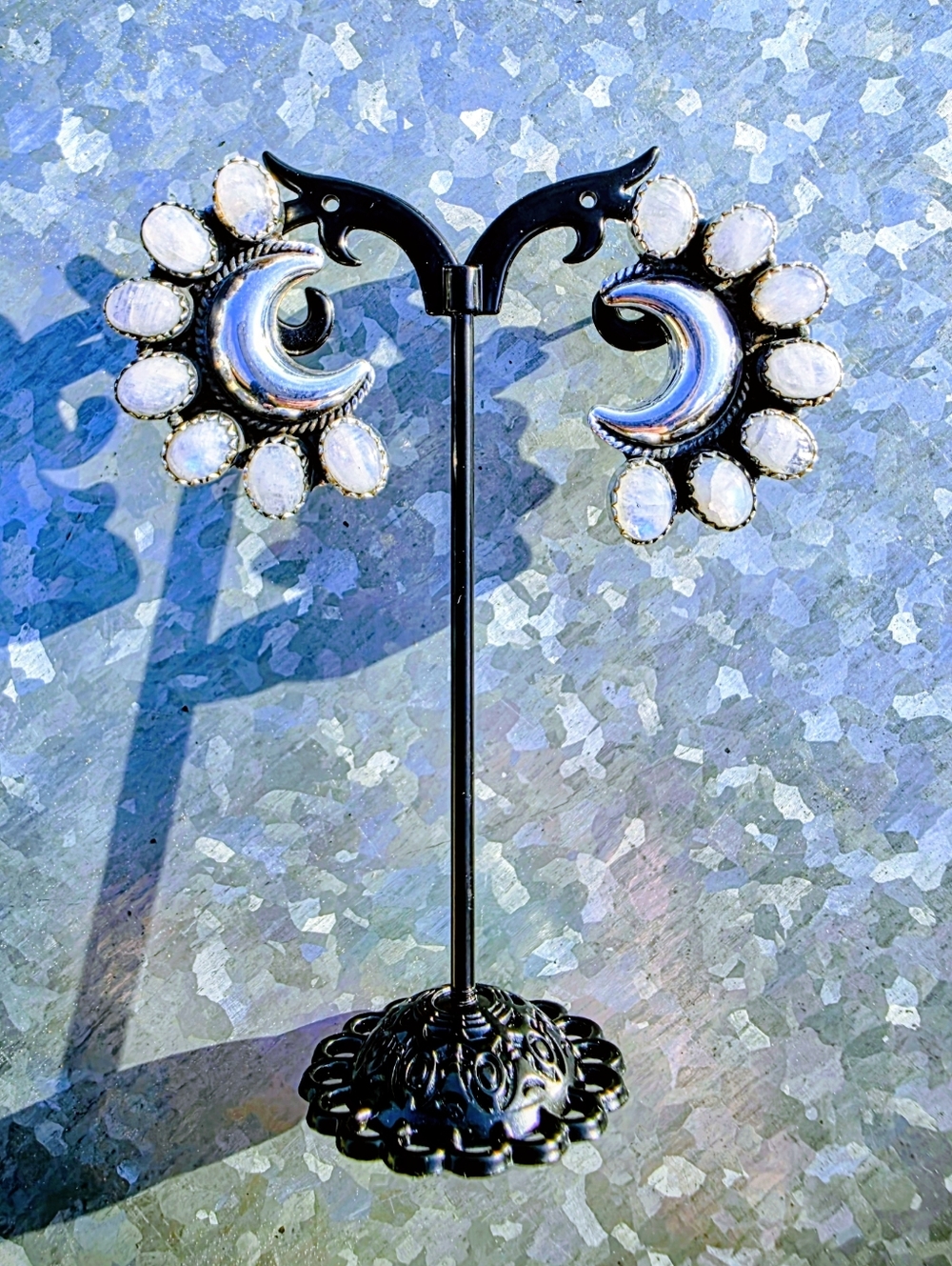 Rainbow Moonstone Crescent Moon Earrings in 925 Sterling Silver (1.6")